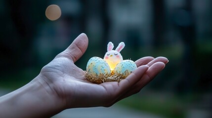 Easter Bunny   Decorated Eggs in Hand  Spring Holiday  Festive Image