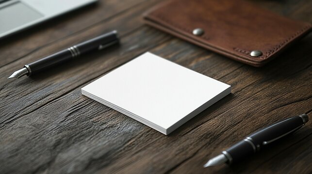 Blank square notepad mockup on rustic wooden desk with pens and wallet. - Powered by Adobe