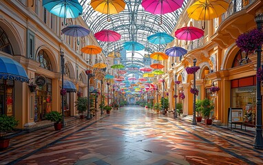 Colorful Umbrella-lined Shopping Arcade