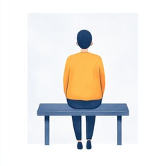 Fototapeta premium A solitary figure in an orange sweater sits on a bench, gazing into the distance against a light blue background, evoking feelings of contemplation and solitude.