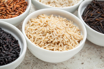 a small bowl of brown basmati rice grain among bowls of other grains