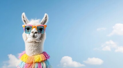 Happy llama in colorful attire with sunglasses against blue sky
