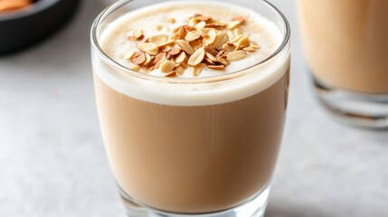 Warm Coffee Glasses with Almonds and Spoon on Rustic Wooden Table