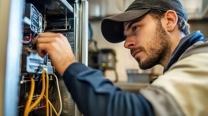 A handyman checking and repairing appliances in a commercial kitchen.