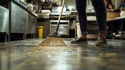 A worker sweeping the floor in a restaurant kitchen.