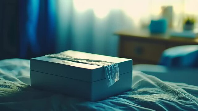 A closed rectangular box sits atop a rumpled bed sheet, bathed in soft light.
