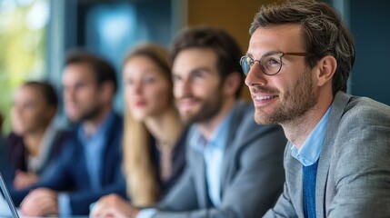 Obraz premium A group of professionals attending an online seminar or webinar.