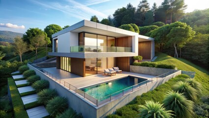 Serene modern minimalist cube-shaped villa on a hilltop with a serene pool and balcony surrounded by lush greenery , Balcony, Pool