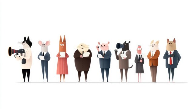 Cartoon Animals in Business Attire Engaging in Various Activities