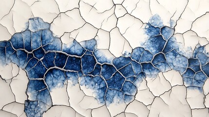 Fine cracked porcelain surface with delicate cobalt blue patterns, intricate floral and symmetrical motifs, glowing veins and smooth white gradients, elegant and serene,