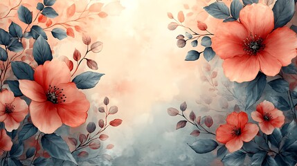 Elegant Coral Flowers and Teal Leaves Watercolor Art