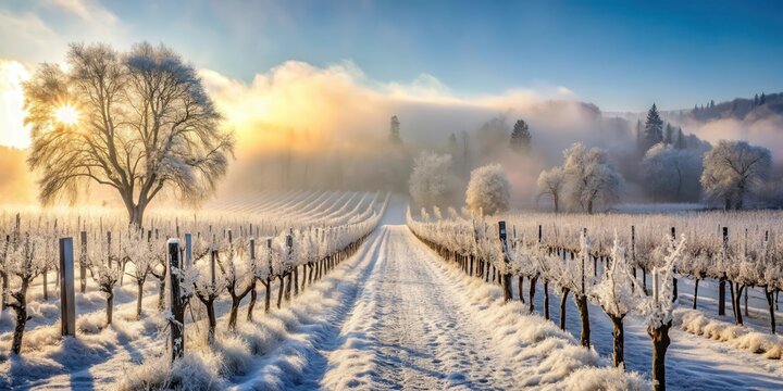 Frost-covered vineyard with thick smog during winter, smoggy weather - Powered by Adobe