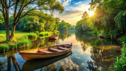 Obraz premium Two wooden boats docked on a serene riverbank with lush greenery and sunlit trees surrounding them , boats, waterway