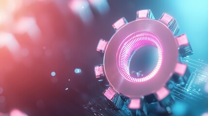 Obraz premium Gear Cog Futuristic Interface Holographic projection of rotating gear cogs and interactive data, showcasing augmented reality and future technology