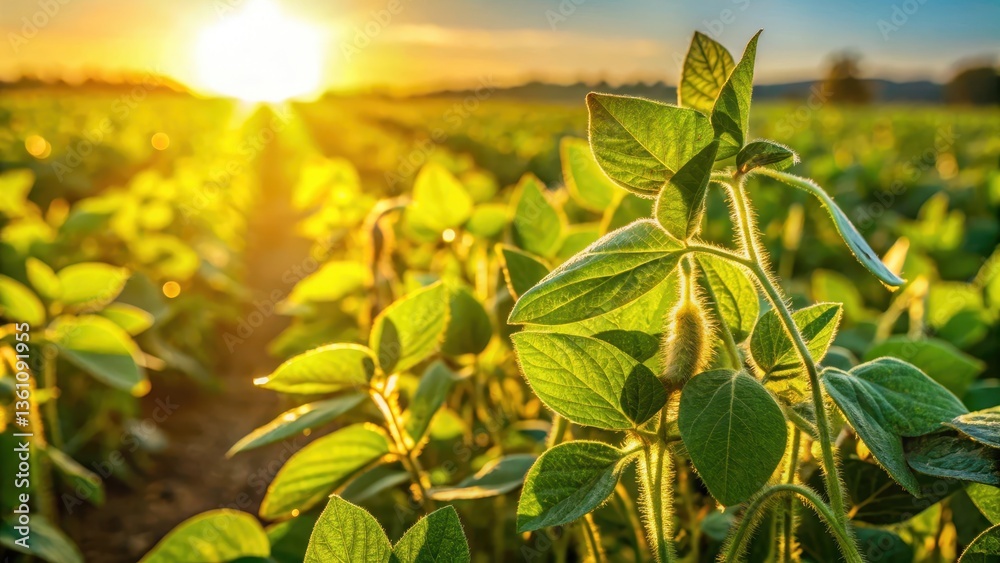 Wall mural close up of soybeans in a field with sunlight filtering through the leaves