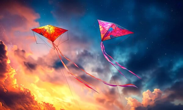 Colorful kites soaring in a vibrant sunset sky, with dramatic clouds and a serene atmosphere