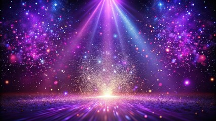 Sparkling purple dust settles on a darkened stage, emitting a kaleidoscope of colors as it dissolves into a radiant glow, colorful dust, luminous