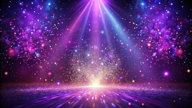Sparkling purple dust settles on a darkened stage, emitting a kaleidoscope of colors as it dissolves into a radiant glow, colorful dust, luminous