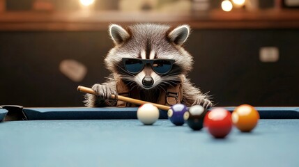Raccoon Playing Pool in Sunglasses with Colorful Billiard Balls