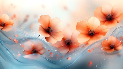Peach Poppies Flowing Softly On Blue Silk