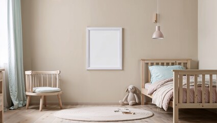 Soft and Neutral Children's Bedroom Mockup. Mockup for artwork and posters in a pastel kids' bedroom.