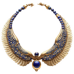 Ancient Egyptian necklace with blue and gold details, historical jewelry isolated on white