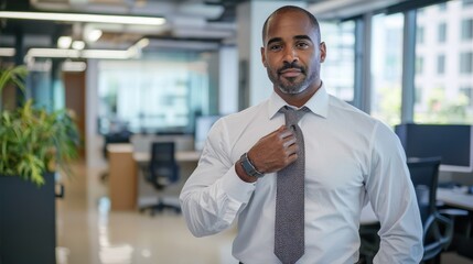 Fototapeta premium A man adjusting his tie in a sleek modern office environment.