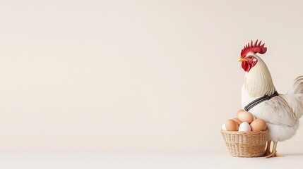 Proud Rooster with Basket of Fresh Eggs on Neutral Background