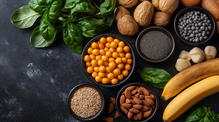 Magnesium-rich foods with glowing health symbols, promoting wellness and preventing deficiencies.