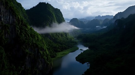 view morning in mountain and lake 