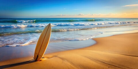 A surfboard rests on a sandy beach with gentle ocean waves gently lapping at its edges in the background , coastline, scenery