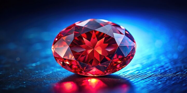 A close-up of a vibrant red sapphire stone set against a dark blue background, showcasing its deep color and intricate patterns, red sapphire, jewelry