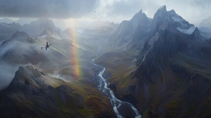 Naklejka premium Majestic mountain landscape with dramatic sky and rainbow in vast wilderness setting showcasing nature's beauty and serenity