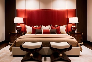 Elegant Bedroom with Red Upholstered Bed & Dark Brown Accent Wall – Classic Interior Design