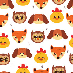 seamless pattern cute cartoon fox, owl, puppy and chick. cute animal head pattern for wallpaper, gift wrap paper