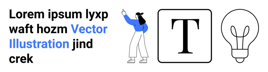 Woman gesturing toward placeholder text, bold typography, and an outlined lightbulb. Ideal for creativity, branding, design concepts, typography projects, education, presentations simple landing