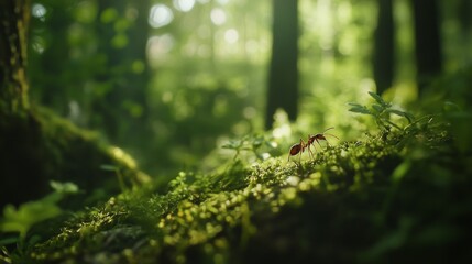 Fototapeta premium macrophotograph of an ant in a lush green summer forest