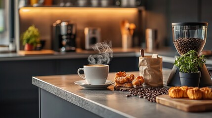 Obraz premium A cozy kitchen counter with coffee beans, a steaming cup of coffee, and pastries.