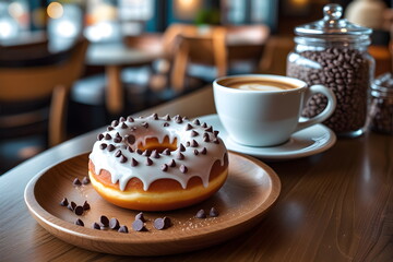 Chocolate Chip Donut with Coffee in Cozy Caf&eacute;