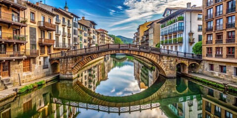 Fototapeta premium Architechtural details on old wooden bridge over canal in medieval district, San Sebastian, medieval, wooden, medieval