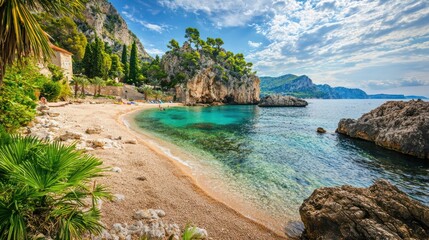 Obraz premium A remote beach with crystal-clear water, rocky islands, and palm trees.