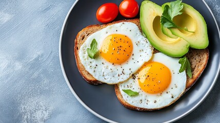 Delicious Breakfast with Fried Eggs, Avocado, and Cherry Tomatoes