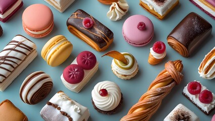 Assortment of Pastries and Desserts Delightfully Arranged on a Flat Surface