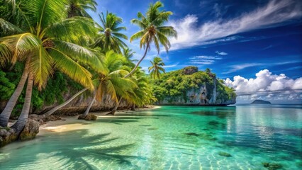 Palm trees swaying gently in ocean breeze surrounded by crystal clear waters and limestone cliffs in tropical paradise, ocean