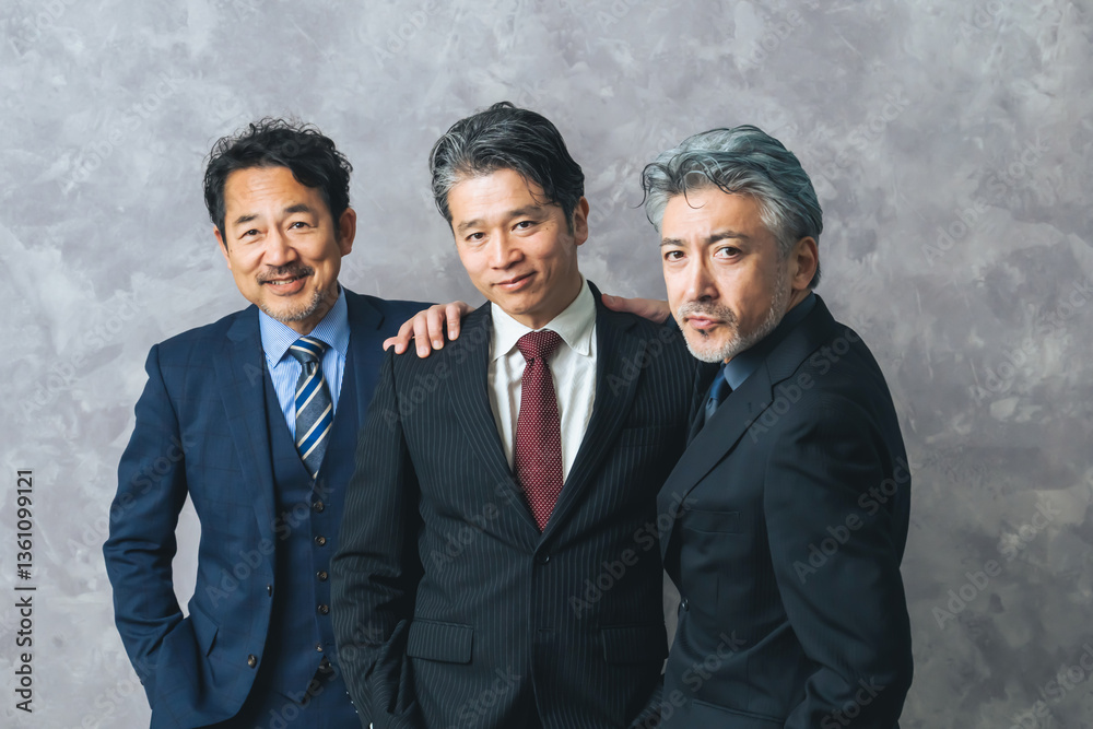 Poster ミドルエイジ、シニア、男性、グループ、ビジネスパーソン、経営者、社長、ハイクラス、ビジネスマン、チームワーク、セカンドキャリア、転職、会社員、サラリーマン、日本人、中高年、中年、おじさん、イケオジ、VIP、富裕層、財界人、エグゼクティブ、リーダー、管理職、上司、役員、重役、バブル世代、ハイスペック、スーツ、仲間、団結、同僚、紳士服、ファッション、おしゃれ、人材、加齢、老化、アンチエイジング、企業、