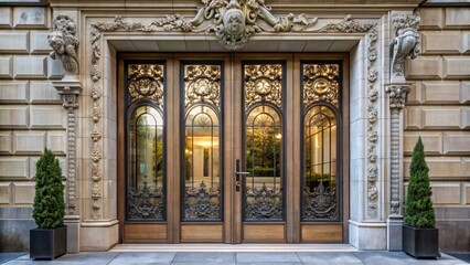Naklejka premium Elegant modern entrance with grandiose glass doors and intricate stone carvings , swiss, bank, swiss
