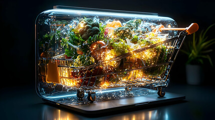 Glowing Digital Shopping Cart Filled With Fresh Vegetables