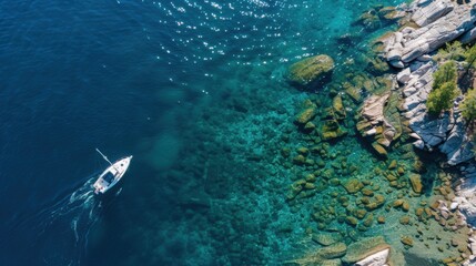 Fototapeta premium Stunning Drone - Captured Scene: A Boat Sailing on Lake Tahoe's Crystal - Clear Blue Waters in California