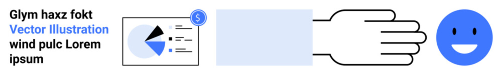 Pie chart with text and currency, open palm for assistance, blue happy face for positivity. Ideal for finance, teamwork, support, communication, data analysis, collaboration simple landing page