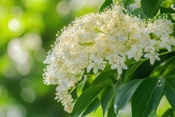 Delicate white flowers in full bloom, vibrant green leaves